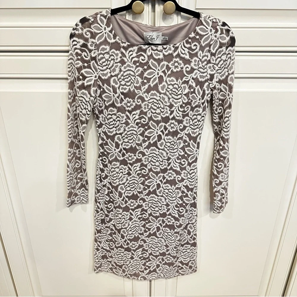 Eliza J Womens Grey Beige Mauve Lace Long Sleeve Cocktail Dress Formal Bodycon 2